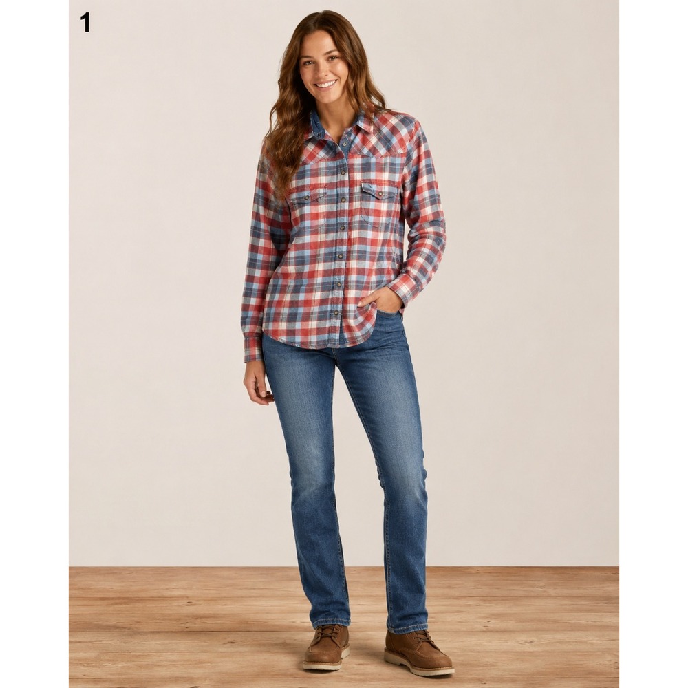 JACHS Girlfriend Bea Pearl Snap Flannel Shirt Women Medium Pink Blue 100% Cotton